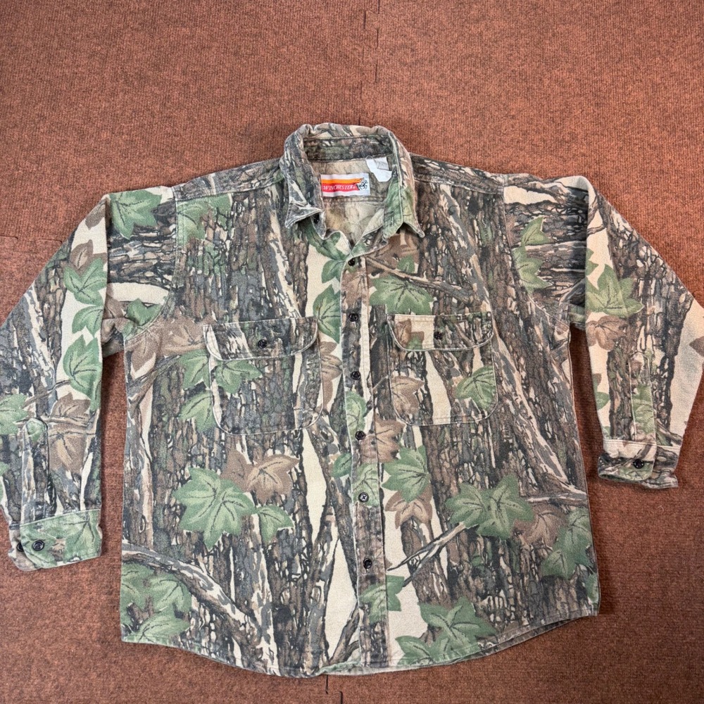 Winchester Camo Shirt Mens Large Hunting Flannel Tree Leaf Long Sleeve Button Up